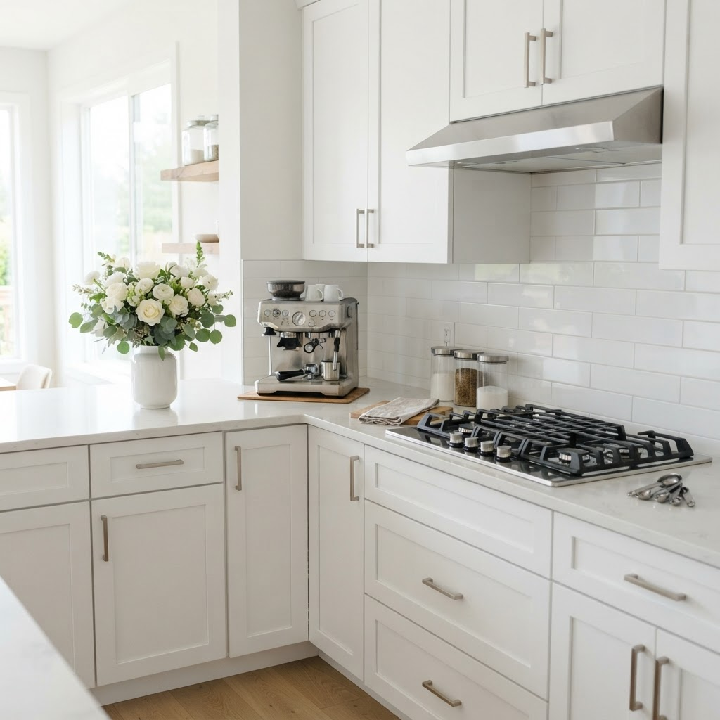 A spotless kitchen counter with fresh flowers and a coffee machine